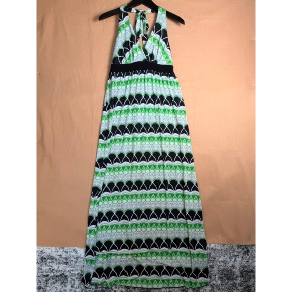 La Belle Halter Maxi Dress S Green Black Geometric Y2K Backless Tie Neck
